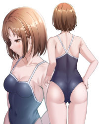 Rule 34 | 1girl, absurdres, adjusting clothes, adjusting swimsuit, armpit crease, ass, bang dream!, bare arms, bare shoulders, blue one-piece swimsuit, breasts, brown eyes, brown hair, cleavage, collarbone, commentary request, covered navel, cowboy shot, facing away, from behind, half-closed eyes, hand on own hip, hazawa tsugumi, highres, light blush, looking away, medium breasts, multiple views, one-piece swimsuit, parted lips, profile, ptal, school swimsuit, short hair, shoulder blades, simple background, standing, swimsuit, upper body, white background