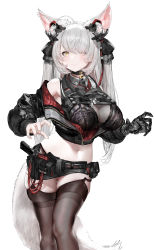 Rule 34 | 1girl, absurdres, ahab (redcircle), ahoge, animal ears, armpits, bare shoulders, bell, belt, belt pouch, black bow, black bra, black skirt, blush, bow, bra, breasts, brown thighhighs, cleavage, closed mouth, collar, cropped jacket, feet out of frame, fingernails, fox ears, fox girl, fox tail, garter straps, gluteal fold, gun, hair bow, headgear, highres, holster, holstered, jacket, jingle bell, large breasts, long hair, long sleeves, looking at viewer, mechanical arms, mechanical hands, microskirt, midriff, navel, off shoulder, open clothes, open jacket, pouch, prosthesis, prosthetic arm, redcircle, silver hair, single mechanical arm, single mechanical hand, skindentation, skirt, smile, solo, standing, stomach, straight hair, tail, thigh gap, thighhighs, twintails, underwear, unzipped, very long hair, virtual youtuber, weapon, xiaoluo xl, yellow eyes, zipper pull tab