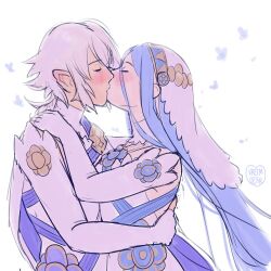 1boy 1girl artist_name azura_(fire_emblem) blue_hair blush closed_eyes commentary commission corrin_(fire_emblem) corrin_(male)_(adrift)_(fire_emblem) corrin_(male)_(fire_emblem) detached_sleeves dress english_commentary fingerless_gloves fire_emblem fire_emblem_fates fire_emblem_heroes floating_hair from_side gloves grey_hair hetero hug kiss long_hair nintendo official_alternate_costume pointy_ears profile short_hair veil very_long_hair vreemdear white_dress