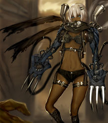 Rule 34 | 1girl, android, armor, bad id, bad pixiv id, bag, belt, black scarf, black shorts, blue eyes, boots, buckle, cable, claw (weapon), covered mouth, cross-laced footwear, dark-skinned female, dark skin, facial mark, hair between eyes, hair ornament, hairclip, highres, lace-up boots, looking at viewer, mechanical arms, navel, no shirt, original, scarf, short hair, shorts, shrimp platter, single mechanical arm, smoke, snoke, solo, steampunk, thigh strap, torn clothes, torn scarf, weapon, white hair