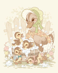 Rule 34 | animal, animal focus, bath, bird, black eyes, blue bow, bonnet, bow, bowtie, bubble, bubble bath, clothed animal, duck, closed eyes, family, fence, flower, full body, green headwear, hat, looking at another, no humans, original, pink bow, samantha whitten, sepia, signature, standing