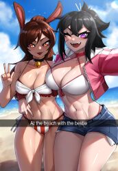 Rule 34 | 2girls, :p, ;d, absurdres, animal ears, bare shoulders, beach, bell, bikini, black choker, black hair, blue sky, breasts, brown hair, choker, cleavage, cloud, commentary, cowboy shot, cropped jacket, day, denim, denim shorts, facial scar, fangs, hand up, highres, jacket, jingle bell, large breasts, long hair, looking at viewer, multiple girls, navel, neck bell, ocean, one eye closed, open clothes, open fly, open jacket, open mouth, orange eyes, original, pink jacket, purple eyes, rabbit ears, rageman709, scar, scar on cheek, scar on face, short shorts, shorts, sky, smile, standing, stomach, swimsuit, thighs, tongue, tongue out, w, water, white bikini