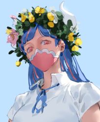 Rule 34 | 1girl, blue hair, blue sky, covered mouth, curled horns, day, head wreath, horns, mask, midsommar, mouth mask, multicolored hair, one piece, outdoors, parody, pink eyes, pink hair, pink mask, raine (acke2445), shirt, sky, solo, streaked hair, ulti (one piece), white horns, white shirt