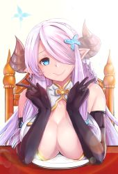 Rule 34 | 10s, 1girl, absurdres, bare shoulders, black gloves, blue eyes, blurry, bokeh, braid, breast rest, breasts, breasts on table, butterfly hair ornament, chair, cleavage, closed mouth, demon horns, depth of field, draph, elbow gloves, female focus, gloves, granblue fantasy, hair ornament, hair over one eye, hairclip, highres, horns, large breasts, light purple hair, long hair, looking at viewer, meal, narmaya (granblue fantasy), on chair, plate, pointy ears, sitting, smile, solo, spiz, table, upper body, v