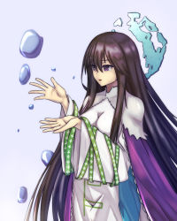 Rule 34 | 1girl, black hair, breasts, bubble, cape, cowboy shot, elfenlied22, hair between eyes, highres, houshin engi, large breasts, long hair, open palms, outstretched hand, purple cape, purple eyes, ryuukitsu koushu, simple background, solo, water, wide sleeves