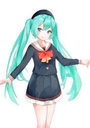 Rule 34 | 1girl, absurdres, aqua hair, beret, black hat, black shirt, black skirt, blue eyes, bow, closed mouth, commentary, feet out of frame, hair between eyes, hat, hatsune miku, highres, long hair, long sleeves, looking at viewer, pleated skirt, red bow, shirt, simple background, skirt, smile, solo, standing, twintails, very long hair, vocaloid, white background, yukaa