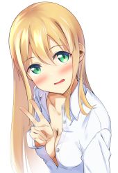 Rule 34 | 1girl, absurdres, apollo (hu maple), blonde hair, blue eyes, breasts, cleavage, highres, long hair, looking at viewer, medium breasts, naked shirt, open mouth, original, self-upload, shirt, simple background, smile, solo, v, white background