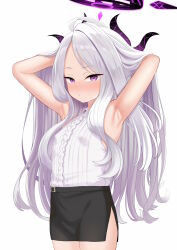 Rule 34 | 1girl, :/, ahoge, armpits, arms behind head, arms up, atg (wttoo0202), bare shoulders, black skirt, blue archive, blush, center frills, cowboy shot, demon horns, frilled shirt, frills, halo, hand in own hair, hands in hair, highres, hina (blue archive), horns, long hair, looking at viewer, miniskirt, multiple horns, paid reward available, purple eyes, shirt, side slit, simple background, skirt, sleeveless, sleeveless shirt, very long hair, white background, white hair, white shirt