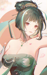Rule 34 | 1girl, armpit peek, bamboo print, bare shoulders, blunt bangs, breasts, chinese commentary, chinese hairpin, cleavage, commentary, detached sleeves, dress, falling petals, floral print dress, green hair, hair ornament, hair stick, hairclip, hand out of frame, hanying (punishing: gray raven), highres, jade (gemstone), jewelry, large breasts, lips, looking at viewer, mole, mole under eye, multicolored hair, necklace, petal on body, petals, pink petals, punishing: gray raven, purple eyes, solo, strapless, strapless dress, streaked hair, sucui jiaxinyun, tassel, updo, upper body