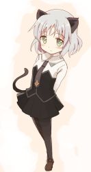 Rule 34 | 1girl, animal ears, black pantyhose, blush, cat ears, cat tail, glastonbury1966, green eyes, military, military uniform, necktie, pantyhose, sanya v. litvyak, short hair, silver hair, solo, strike witches, tail, uniform, world witches series