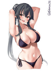 Rule 34 | 1girl, alternate costume, armpits, arms behind head, arms up, bikini, black bikini, black hair, blush, breasts, brown eyes, cleavage, cowboy shot, ebifurya, highres, kantai collection, large breasts, long hair, looking at viewer, navel, open mouth, ponytail, side-tie bikini bottom, skindentation, smile, solo, stomach, sweat, swimsuit, twitter username, white background, yahagi (kancolle)