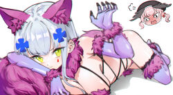 Rule 34 | 2girls, 416 day, animal ear fluff, animal ears, bikini, black bikini, black headwear, blue archive, blue hair, blush, commentary, cosplay, cropped head, cross hair ornament, english commentary, fake animal ears, full-face blush, fur-trimmed gloves, fur-trimmed thighhighs, fur trim, girls&#039; frontline, gloves, green eyes, hair ornament, head wings, highres, hk416 (girls&#039; frontline), koharu (blue archive), long hair, looking at viewer, lying, mash kyrielight, mash kyrielight (dangerous beast), mash kyrielight (dangerous beast) (cosplay), multiple girls, on stomach, open mouth, paw pose, pink hair, purple gloves, purple thighhighs, sidelocks, swimsuit, teardrop facial mark, thighhighs, twintails, wavy mouth, wings, wolf9