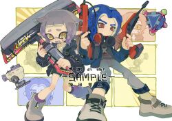 Rule 34 | 1boy, 1girl, @ @, autobomb (splatoon), black jacket, black shorts, blue hair, blue jacket, blunt bangs, blush, boots, border, carbon roller (splatoon), closed mouth, colored tongue, commentary request, dual squelcher (splatoon), dual wielding, facial mark, fang, frown, grey footwear, grey pants, grey shirt, gun, hands up, headphones, headphones around neck, highres, holding, holding paint roller, holding weapon, hood, hood down, hooded jacket, inkling, inkling girl, inkling player character, jacket, long sleeves, looking at viewer, nintendo, octoling, octoling boy, octoling player character, open clothes, open jacket, open mouth, outside border, p-pepper, paint roller, pants, parted bangs, pointy ears, print shirt, purple hair, purple socks, purple tongue, red eyes, sample watermark, shirt, shoes, short eyebrows, short hair, short shorts, shorts, sidelocks, socks, splat bomb (splatoon), splatoon (series), standing, suction cups, tears, tentacle hair, v-shaped eyebrows, watermark, weapon, white border, yellow eyes, zipper, zipper pull tab