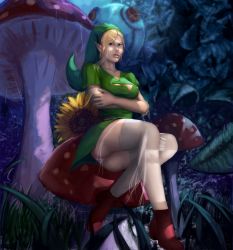 Rule 34 | 1girl, blackknight23, breast hold, breasts, bug, fly agaric, full body, gender request, genderswap, giant mushroom, grass, green hat, hat, highres, leaf, link, looking at viewer, medium breasts, mini person, minigirl, mushroom, nintendo, no bra, outdoors, panties, pantyshot, parted bangs, parted lips, plant, pointy ears, red footwear, silk, sitting, solo, spider, spider web, tagme, the legend of zelda, thighhighs, torn clothes, torn tunic, tunic, underwear, white panties, white thighhighs, zettai ryouiki