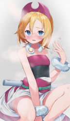 Rule 34 | 1girl, absurdres, bad id, bad pixiv id, bangle, bare shoulders, between legs, blonde hair, blue eyes, blush, bracelet, commentary, creatures (company), dress, fanning face, fanning self, game freak, grey background, hair between eyes, hair ornament, hand between legs, hand up, highres, hot, irida (pokemon), jewelry, knees up, lazu0721, legs, looking at viewer, necklace, nintendo, open mouth, pokemon, pokemon legends: arceus, red dress, sash, short hair, sitting, steam, strapless, sweat