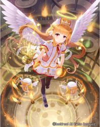 Rule 34 | 1girl, blonde hair, candle, cardfight!! vanguard, company name, feathered wings, fire, gloves, hairband, hat, kind care sartael, long hair, low twintails, necktie, official art, pantyhose, red eyes, sandals, solo, tadokoro teppei, twintails, wings