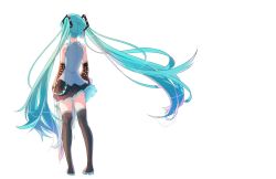 Rule 34 | 1girl, aqua hair, bare shoulders, black footwear, black skirt, boots, closed umbrella, detached sleeves, dripping, facing away, floating hair, frilled shirt, frills, from behind, full body, grey shirt, hair ornament, hatsune miku, holding, holding umbrella, legs apart, long hair, miniskirt, pleated skirt, shirt, simple background, skirt, solo, standing, suiboku tanren, thigh boots, thighhighs, twintails, umbrella, very long hair, vocaloid, water drop, white background, wide sleeves