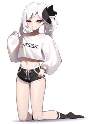 Rule 34 | 1girl, absurdres, black shorts, black socks, blue archive, bow, crop top, crop top overhang, dolphin shorts, full body, grin, hair bow, hand up, highres, kneeling, long hair, long sleeves, looking at viewer, mesugaki, midriff, mutsuki (blue archive), navel, one side up, puffy sleeves, purple eyes, sbgu, shirt, short shorts, shorts, side ponytail, sketch, smile, socks, solo, stomach, thighs, white hair, white shirt