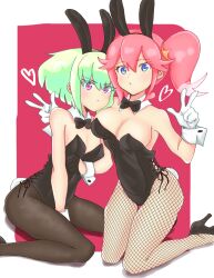 Rule 34 | 1boy, 1girl, :&lt;, aina ardebit, animal ears, black bow, black bowtie, black leotard, blue eyes, border, bow, bowtie, breasts, bunny day, cleavage, commentary request, detached collar, double v, fake animal ears, fake tail, fishnets, gloves, green hair, high heels, highres, kneeling, large breasts, leotard, lio fotia, male playboy bunny, pantyhose, pink background, pink eyes, pink hair, playboy bunny, promare, short hair, side-tie leotard, side ponytail, strapless, strapless leotard, tail, thighs, trap, user ksur8455, v, variant set, white border, white gloves, wrist cuffs