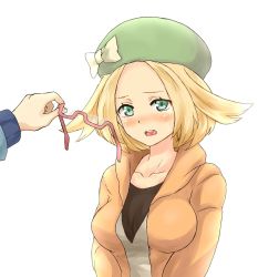 Rule 34 | 10s, 1boy, 1girl, bad id, bad pixiv id, beret, bianca (pokemon), blonde hair, blush, breasts, creatures (company), crying, crying with eyes open, flipped hair, game freak, glasses, green eyes, hat, hat ribbon, highres, hilbert (pokemon), holding, holding removed eyewear, jacket, large breasts, nintendo, open clothes, open jacket, open mouth, pokemon, pokemon bw, pokemon bw2, red-framed eyewear, ribbon, semi-rimless eyewear, solo focus, tears, turizao, unworn eyewear, white background