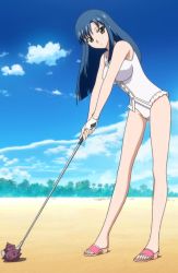 Rule 34 | 00s, 1girl, aika (series), aika r-16, bare legs, beach, blue hair, breasts, cloud, female focus, full body, golf, highres, long hair, minamino karen, one-piece swimsuit, outdoors, plant, screencap, shell, shiny skin, shoes, sky, solo, standing, swimsuit, tree