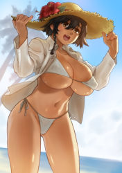 Rule 34 | :d, bare legs, beach, bikini, bikini under clothes, black hair, braid, breasts, brown eyes, buttons, collarbone, collared shirt, covered erect nipples, cowboy shot, day, fingernails, flower, gluteal fold, hair between eyes, hands on headwear, hands up, hat, hat flower, highres, huge breasts, long sleeves, looking afar, navel, ocean, open clothes, open mouth, open shirt, original, outdoors, palm tree, shiny skin, shirt, short hair, side-tie bikini bottom, side-tie bottom, side braid, single braid, sky, smile, solo, standing, stomach, straw hat, summer, swimsuit, tan, tree, unbuttoned, unbuttoned shirt, white bikini, white shirt, wing collar