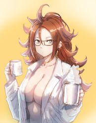 Rule 34 | 1girl, android 21, black-framed eyewear, blouse, blue eyes, bow (bhp), breasts, brown hair, cleavage, coat, coffee mug, collarbone, cup, curly hair, dragon ball, dragon ball fighterz, earrings, hoop earrings, jewelry, lab coat, large breasts, long hair, looking at viewer, mug, naked coat, no bra, open clothes, open coat, open shirt, shirt, simple background, solo, white background, yellow background