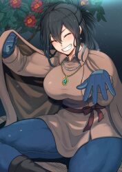 Rule 34 | 1girl, absurdres, blue gloves, blue pants, boku no hero academia, breasts, brown cloak, brown tunic, bush, cloak, closed eyes, flower, gloves, grin, hands up, harurukan, highres, jewelry, large breasts, long hair, necklace, pants, shimura nana, smile, solo, teeth