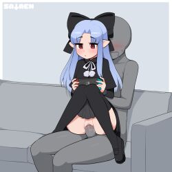Rule 34 | 1boy, 1girl, :3, black cat, blush, cat, censored, closed eyes, clothed sex, commentary request, game console, highres, len (tsukihime), open mouth, penis, red eyes, sataen, sex, simple background, size difference, skirt, tsukihime, uncensored, vaginal, white background