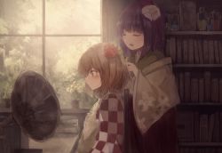 Rule 34 | 2girls, apron, bell, blush, book, brown eyes, brown hair, checkered clothes, checkered kimono, commentary request, closed eyes, floral print, flower, hair bell, hair flower, hair ornament, hairdressing, hakama, hakama skirt, hieda no akyuu, highres, japanese clothes, jingle bell, kimono, meiji schoolgirl uniform, motoori kosuzu, multiple girls, muted color, open mouth, phonograph, purple hair, red hakama, short hair, skirt, thkani, touhou, two side up, window