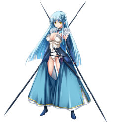 Rule 34 | 1girl, armor, bad id, bad pixiv id, blue hair, breasts, cleavage, dual wielding, elbow gloves, elf, gloves, hair ornament, holding, hotori (sion), katana, legs, long hair, original, pointy ears, simple background, solo, sword, thighs, weapon, yellow eyes