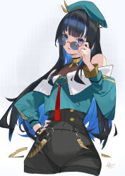 Rule 34 | 1girl, absurdres, adjusting eyewear, bare shoulders, beret, black hair, black shorts, blue-tinted eyewear, blue eyes, blue hair, blunt bangs, bracelet, breasts, buttons, chinese commentary, colored inner hair, commentary request, cropped legs, dated, double-breasted, exianble, eyeliner, fate/grand order, fate (series), green hat, green jacket, hand on own hip, hand up, hat, highres, jacket, jewelry, long hair, long sleeves, looking at viewer, looking over eyewear, makeup, multicolored hair, neck ring, o-ring, off shoulder, parted lips, round eyewear, shorts, sidelocks, signature, small breasts, solo, sunglasses, tenochtitlan (fate), tinted eyewear, wavy hair, zipper