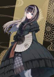 Rule 34 | 1girl, absurdres, asa heizo, black choker, black dress, black gloves, black hair, blue eyes, choker, dress, frilled dress, frills, gloves, gothic lolita, grey hair, hand fan, highres, holding, holding fan, hololive, hololive dev is, juufuutei raden, lace-trimmed choker, lace trim, lolita fashion, long hair, looking at viewer, multicolored hair, paper fan, smile, solo, streaked hair, virtual youtuber