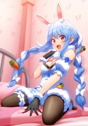 Rule 34 | 1girl, :d, animal ear fluff, animal ears, bare shoulders, between legs, black gloves, black leotard, black pantyhose, blue hair, blurry, blurry background, bow, braid, breasts, carrot hair ornament, cleavage, commentary request, depth of field, detached sleeves, don-chan (usada pekora), dress, food-themed hair ornament, fur-trimmed dress, fur-trimmed gloves, fur trim, gloves, hair bow, hair ornament, hand between legs, hand up, highres, hololive, leotard, long hair, looking at viewer, mikomiko (mikomikosu), multicolored hair, on bed, open mouth, pantyhose, puffy short sleeves, puffy sleeves, rabbit ears, red eyes, seiza, short sleeves, sitting, small breasts, smile, strapless, strapless dress, strapless leotard, twin braids, twintails, two-tone hair, usada pekora, usada pekora (1st costume), very long hair, virtual youtuber, white bow, white dress, white hair, white sleeves