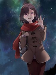 Rule 34 | 1girl, :d, absurdres, alternate costume, aurora, blush, brown jacket, carrying bag, commentary request, fangs, gabriel dropout, highres, jacket, looking at viewer, medium hair, night, night sky, open mouth, purple eyes, purple hair, red scarf, sazanka, scarf, sky, smile, solo, star (sky), starry sky, sweater, teeth, upper teeth only, vignette tsukinose april, waving, winter clothes