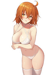 Rule 34 | 1girl, 3:, :p, absurdres, ahoge, blush, bra, breast hold, breasts, cleavage, cowboy shot, criss-cross halter, crossed arms, fate/grand order, fate (series), fujimaru ritsuka (female), goumudan, hair between eyes, halterneck, highres, large breasts, leaning forward, looking at viewer, medium hair, multi-strapped panties, navel, one side up, orange hair, panties, simple background, skindentation, smile, solo, thighhighs, tongue, tongue out, underwear, underwear only, white background, white bra, white panties, white thighhighs, yellow eyes