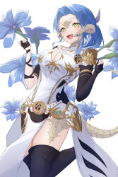 Rule 34 | 1girl, :d, absurdres, asymmetrical gloves, au ra, black gloves, black thighhighs, blue flower, blue hair, breasts, cleavage, cleavage cutout, clothing cutout, commission, dragon girl, dragon horns, dragon tail, dress, elbow gloves, final fantasy, final fantasy xiv, flower, gloves, hands up, highres, horns, large breasts, long hair, open mouth, partially fingerless gloves, ponta (velmar), scales, simple background, single elbow glove, skeb commission, smile, solo, standing, standing on one leg, tail, teeth, thighhighs, upper teeth only, white background, white dress