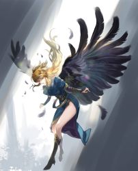 Rule 34 | 1girl, black wings, blonde hair, boots, breasts, breath of fire, breath of fire ii, bridal gauntlets, dress, feathered wings, full body, highres, knee boots, long hair, nina (breath of fire ii), side slit, solo, suzuki rika, wings