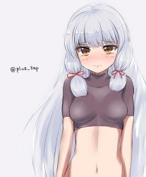 Rule 34 | 1girl, artist name, breasts, commentary request, grey background, hair ribbon, highres, kantai collection, long hair, looking at viewer, medium breasts, midriff, murakumo (kancolle), murakumo kai ni (kancolle), navel, one-hour drawing challenge, orange eyes, ribbon, saplus, short eyebrows, sidelocks, silver hair, simple background, solo, tress ribbon, undershirt, upper body