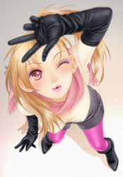 Rule 34 | 1girl, absurdres, blonde hair, boots, elbow gloves, fashion, from above, gloves, highres, pantyhose under shorts, lips, long hair, one eye closed, original, pantyhose, pink pantyhose, red eyes, scarf, shorts, solo, sweater, v, wink, yui toshiki