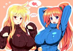Rule 34 | 00s, 2girls, arms behind head, blonde hair, blue eyes, blush, breasts, covered erect nipples, fate testarossa, female focus, heart, huge breasts, large breasts, long hair, lyrical nanoha, mahou shoujo lyrical nanoha, multiple girls, oisinbou, open mouth, orange eyes, orange hair, ponytail, purple eyes, red eyes, simple background, standing, sweater, takamachi nanoha, turtleneck, upper body