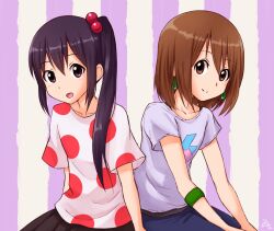 Rule 34 | 2girls, black hair, black skirt, blue pants, brown eyes, brown hair, closed mouth, commentary request, earrings, een941, grey shirt, hair between eyes, hair bobbles, hair ornament, highres, hirasawa yui, jewelry, k-on!, light blush, long hair, looking at viewer, multiple girls, nakano azusa, open mouth, pants, ponytail, protected link, shirt, short hair, short sleeves, signature, sitting, skirt, smile, split mouth, striped, striped background, two-tone background, white shirt
