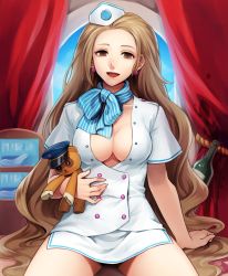 Rule 34 | 1girl, ace attorney, ace attorney investigations, ace attorney investigations: miles edgeworth, bad id, bad pixiv id, breasts, brown eyes, brown hair, cammy meele, cleavage, earrings, flight attendant, hat, jewelry, large breasts, long hair, looking at viewer, lotter75, no bangs, pencil skirt, scarf, skirt, smile, solo, stuffed animal, stuffed toy, teddie, teddy bear, travel attendant, uniform, very long hair