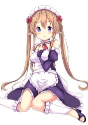 Rule 34 | 10s, 1girl, apron, bare shoulders, blush, breasts, brown hair, detached sleeves, elf, frills, high heels, long hair, maid, maid apron, maid headdress, mokoke, myucel foalan, open mouth, open shoes, outbreak company, pointy ears, purple eyes, sitting, solo, twintails, wariza
