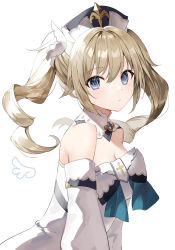 Rule 34 | 1girl, barbara (genshin impact), bare shoulders, blonde hair, blue eyes, breasts, cleavage, closed mouth, detached collar, detached sleeves, dress, expressionless, genshin impact, hat, highres, long hair, long sleeves, looking at viewer, medium breasts, simple background, solo, twintails, upper body, white background, white dress, white hat, yon (letter)