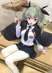 Rule 34 | 10s, 1girl, akasaai, anchovy (girls und panzer), arm support, belt, blush, brown eyes, cape, drill hair, girls und panzer, green hair, hair ribbon, highres, jacket, jacket on shoulders, long hair, looking at viewer, military, military uniform, military vehicle, miniskirt, motor vehicle, necktie, on vehicle, open mouth, pantyhose, pleated skirt, ribbon, riding crop, school uniform, sitting, skirt, smile, solo, tank, twin drills, twintails, uniform, vehicle, white pantyhose