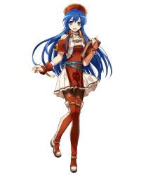 Rule 34 | 1girl, belt, blue eyes, blue hair, book, boots, bracelet, bunbun, capelet, detached collar, dress, fire emblem, fire emblem: the binding blade, fire emblem heroes, full body, gloves, hat, highres, holding, holding book, jewelry, lilina (fire emblem), long hair, looking at viewer, nintendo, official art, open mouth, pantyhose, pleated skirt, red footwear, red thighhighs, short sleeves, skirt, smile, solo, standing, thigh boots, thighhighs, transparent background