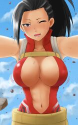 Rule 34 | &gt; &lt;, 1girl, :d, bare shoulders, black hair, bodysuit, boku no hero academia, breasts, center opening, cleavage, commentary request, hair pulled back, highres, kotegawadojin, large breasts, leotard, long hair, looking at viewer, midriff, navel, one eye closed, open mouth, smile, xd, yaoyorozu momo