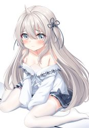 Rule 34 | 1girl, absurdres, ahoge, azur lane, baiyin (sif123456), bare shoulders, black skirt, blue eyes, blush, breasts, child, chinese commentary, cleavage, closed mouth, collarbone, frilled skirt, frills, full body, grey eyes, hair between eyes, hair ornament, hair ribbon, highres, long hair, long sleeves, looking at viewer, no shoes, off shoulder, ribbon, simple background, sitting, skirt, sleeves past wrists, slouching, small breasts, solo, spread legs, thighhighs, umikaze (azur lane), white background, white sleeves, white thighhighs