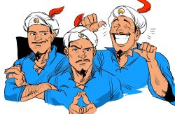 Rule 34 | 1boy, akinator, akinator (site), arm hair, bad id, bad twitter id, beard, black hair, expressions, facial hair, genie, grin, highres, male focus, multiple views, pointing, pointing at self, simple background, smile, turban, white background